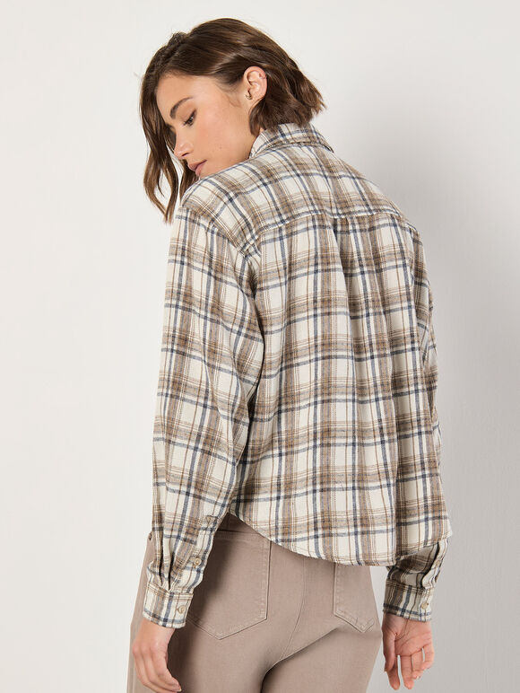 Cropped Check Shirt, Cream, large