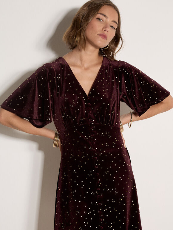 Silver Foil Star Velvet Mini Dress, Burgundy, large