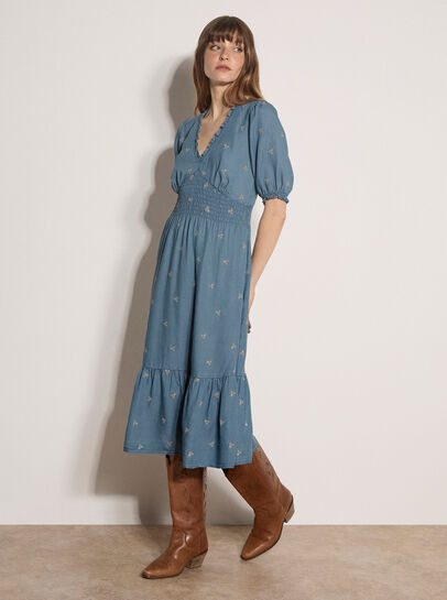 Floral Embroidered Denim Midi Dress