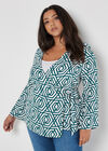 Curve Geo Print Wrap Top, Green, large
