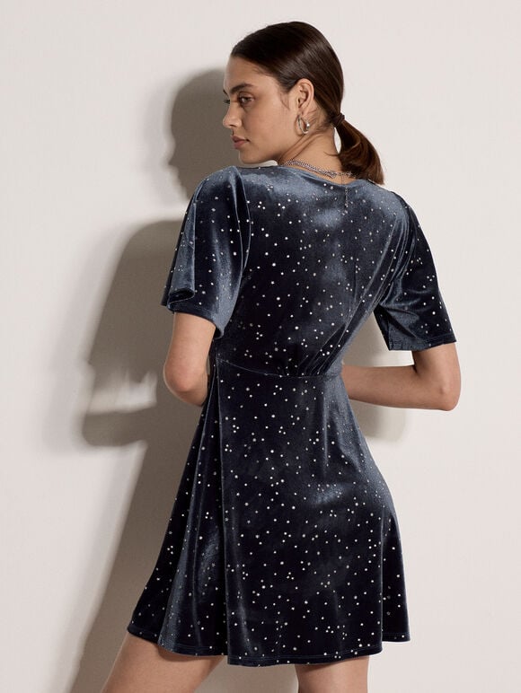 Silver Foil Star Velvet Mini Dress, Dark Grey/Charcoal, large