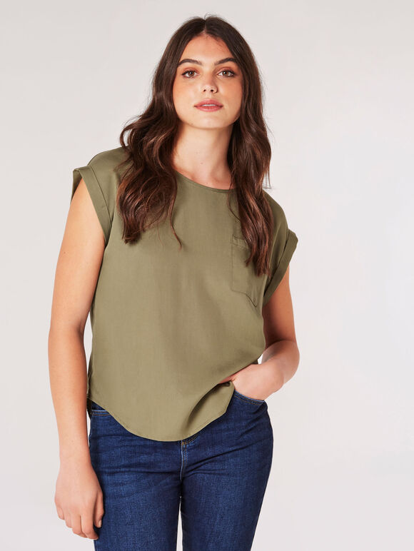 T-Shirt mit Knopfleiste hinten, Khaki, groß