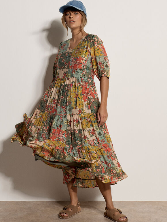 Bloom Patchwork Tiered Dress, Khaki, large