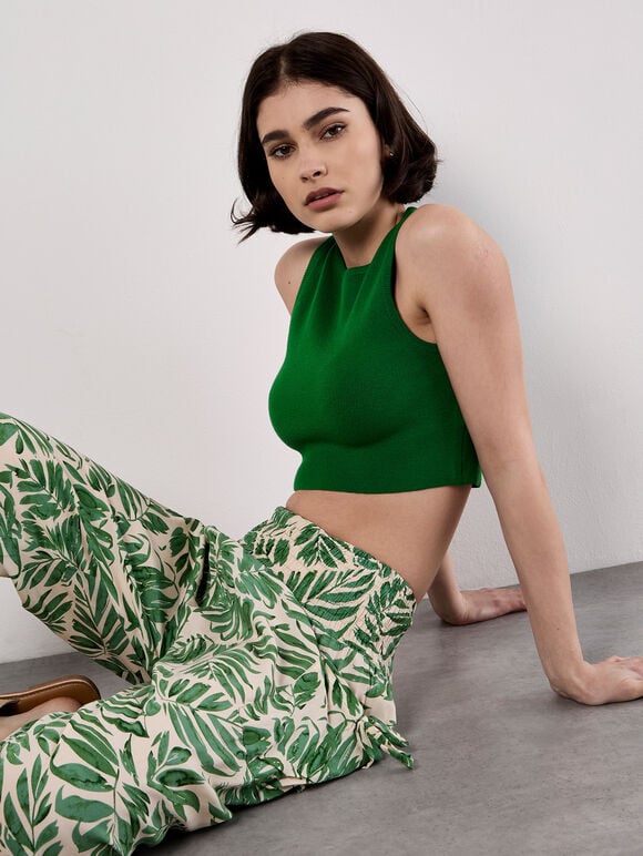 Tropical Leaf Print Tapered Joggers, Green, large