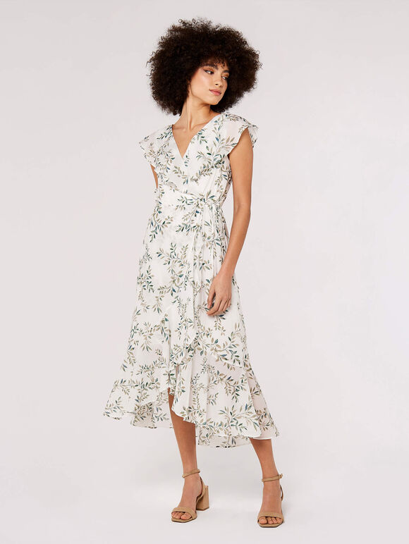 Leaf Ruffle Midi Dress, Cream, large