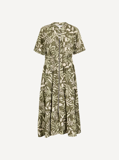 Tropical Leaf Zip-Down Midi Dress