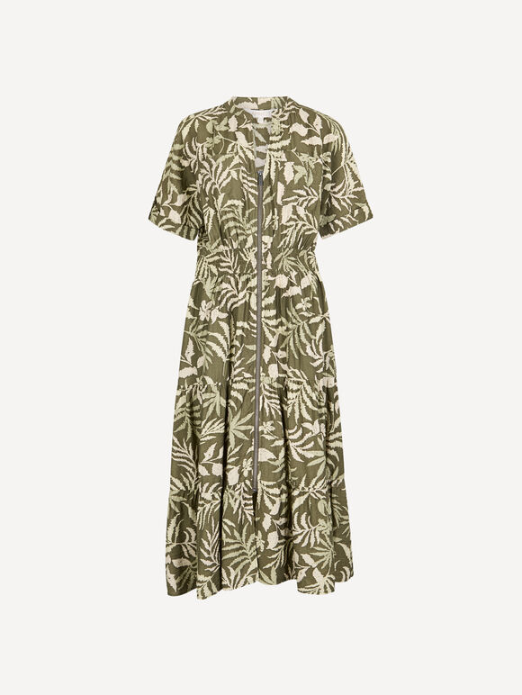 Tropical Leaf Zip-Down Midi Dress, Khaki, large