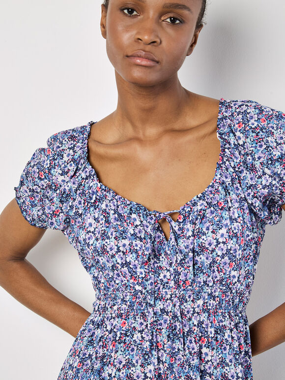 Watercolour Floral Milkmaid Midi Dress, Purple, large