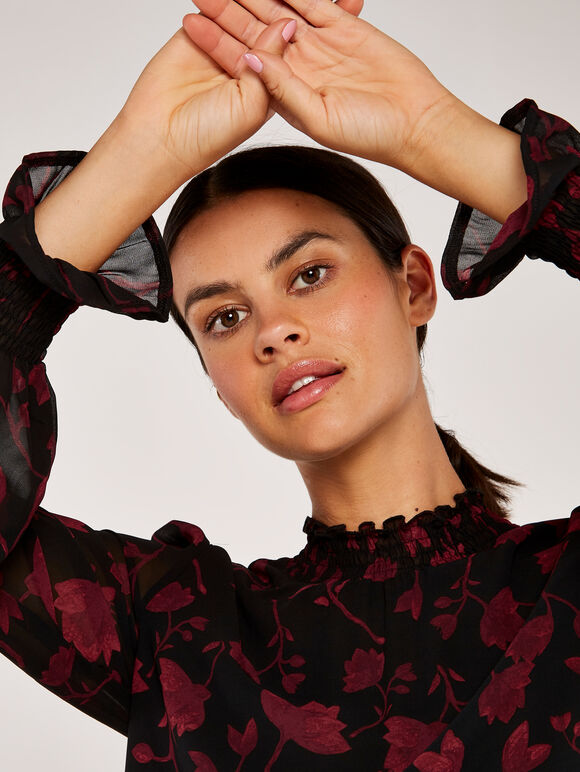 Silhouette Branches Chiffon Top, Black, large