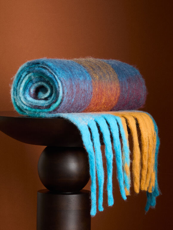 Colour Block Check Square Scarf, Blue, large