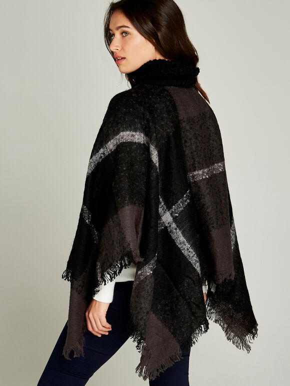 Colourblock Stripe Boucle Poncho, Dark Grey - Charcoal, large