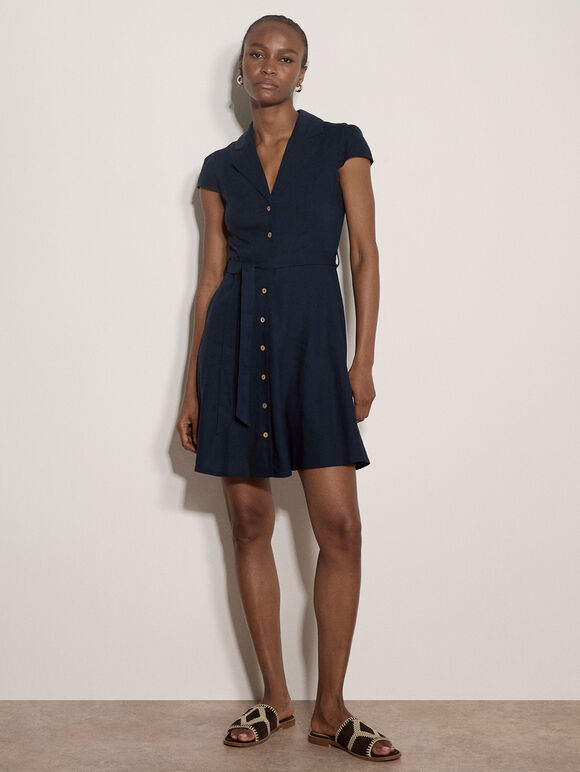 Linen Blend Shirt Mini Dress, Navy, large