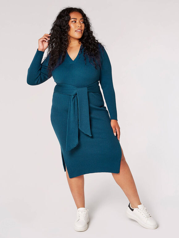 Curve Ribbed Midi Dress, Teal, large