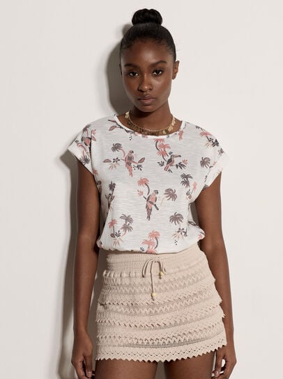 Parrot And Palm Print Slub T-Shirt