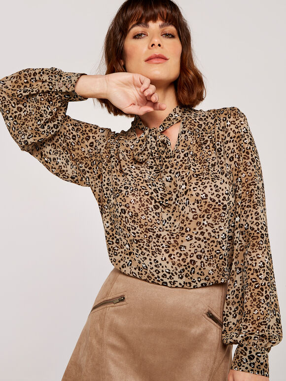Leopard Pussybow Blouse, Stone, large