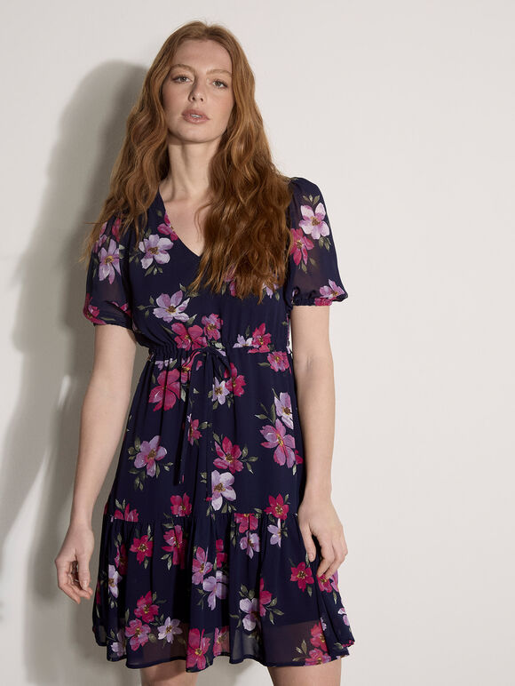 Floral Rose Chiffon Mini Dress, Navy, large