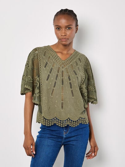 Embroidered Cotton Mesh Top