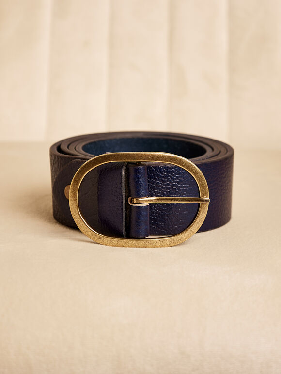 Ceinture fine en cuir à boucle dorée, bleu marine, grande