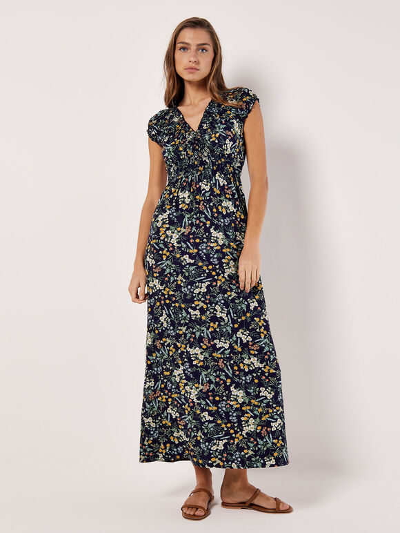 Ditsy Botanical Floral Maxikleid, Marineblau, Größe L