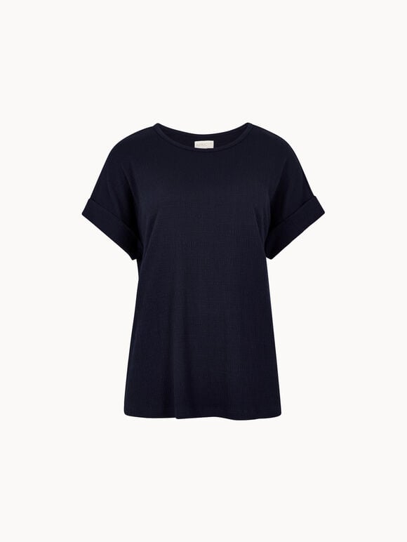 Button Back Textured T-Shirt, Navy, large