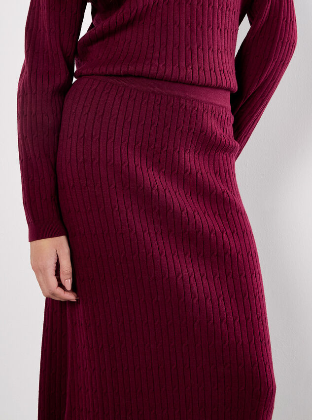 Fine Knit Cable Midi Skirt, Burgundy, large