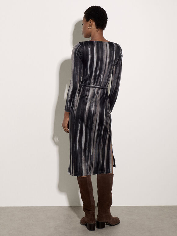 Painterly Stripe Knitted Midi Dress, Grey, large