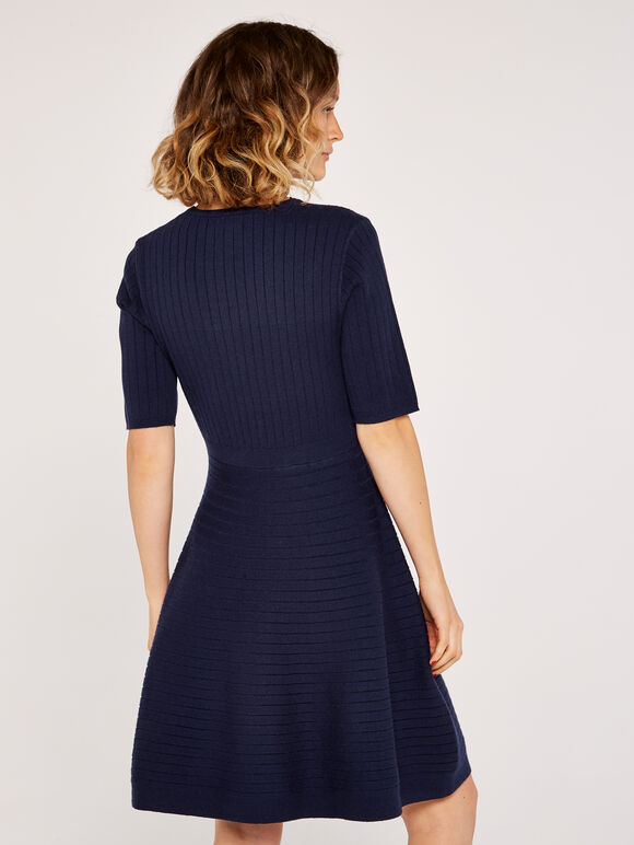 Ribbed Skater Dress, Navy, large