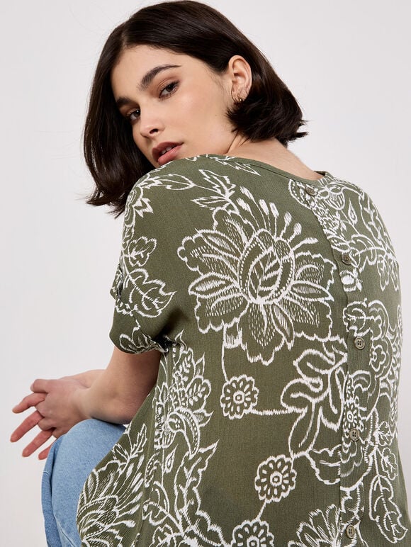 Sarasa Floral Button Back T-Shirt, Khaki, large