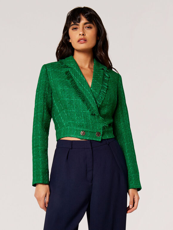 Blazer court en tweed à franges, Vert, grand