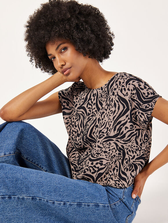 Mixed Animal Textured Cropped T-Shirt, Grey, large