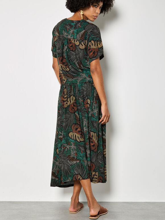 Tropical Leaf Print A-Line Midi Skirt, Green, large