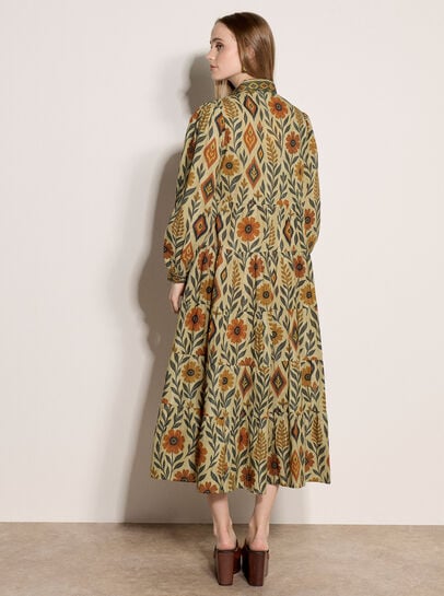 Floral Leaves Tiered Shirt Midi Dress