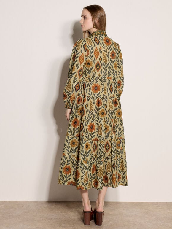 Floral Leaves Tiered Shirt Midi Dress, Green, large
