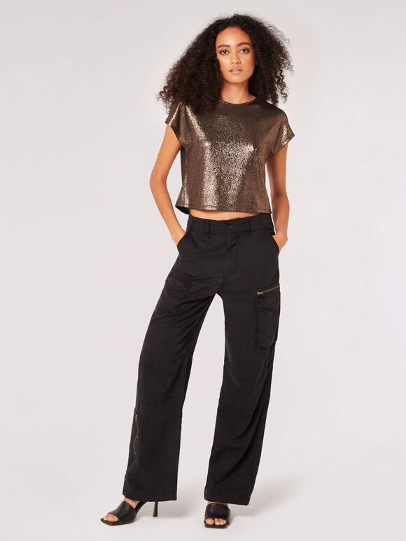 Metallic Cropped T-Shirt, Brown, large