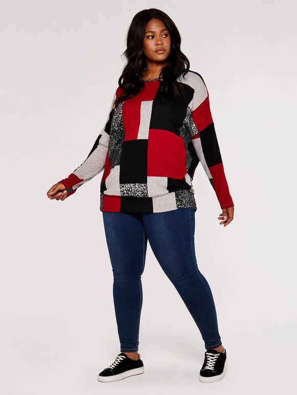 Curve Colourblock Oversized Top, Red, large