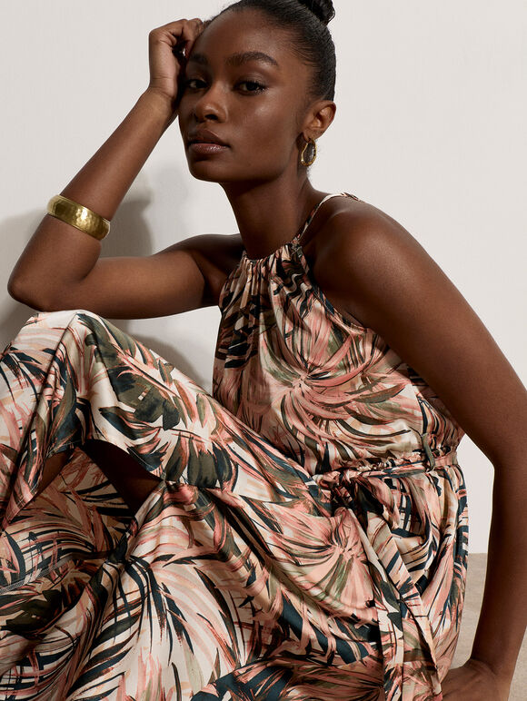 Tropical Leaf Satin Maxi Dress, Stone, large