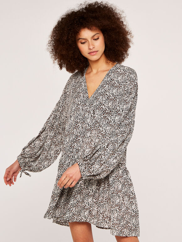 Leopard Drawstring Wrap Dress, Cream, large