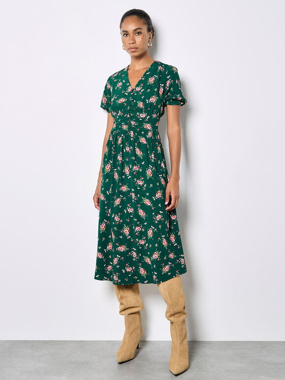 Floral Print Midi Dress, Green, large