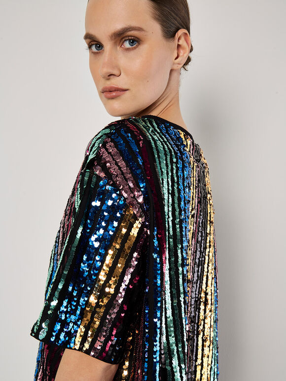 Rainbow Sequin Stripe Crop T-Shirt, Black, large