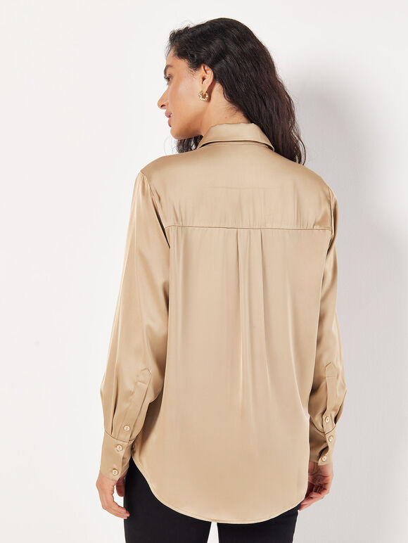 Oversized Satin Shirt, Cream, large