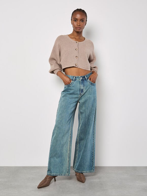 Ribbed Knit Cropped Cardigan, Brown, large