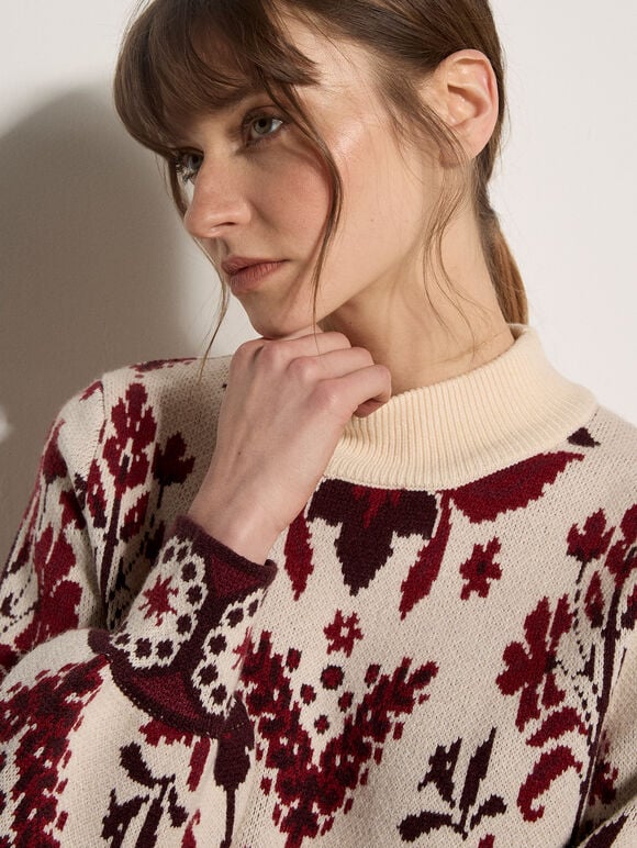 Folk Floral Mini Jumper Dress, Stone, large