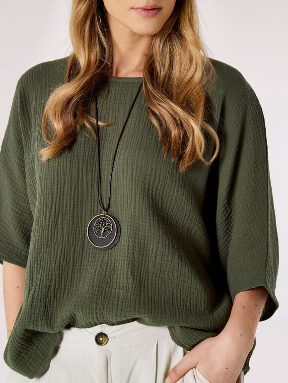 Waffle Batwing Necklace Top, Khaki, large