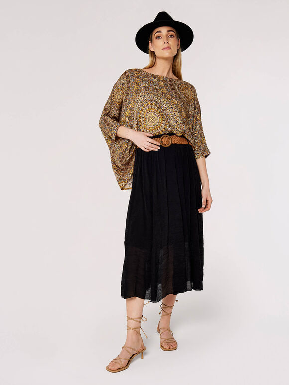 Shimmer Crinkle Midi Skirt, Black, large