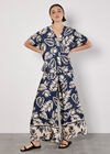 Tropical Leaf Print Satin Wide Leg Trousers, Navy, large