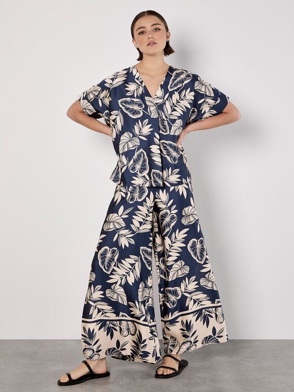 Tropical Leaf Print Satin Wide Leg Trousers, Navy, large