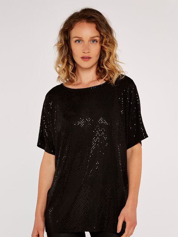 Mini Sequin Batwing Top, Black, large