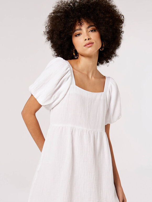 Puff Sleeve Mini Dress, White, large