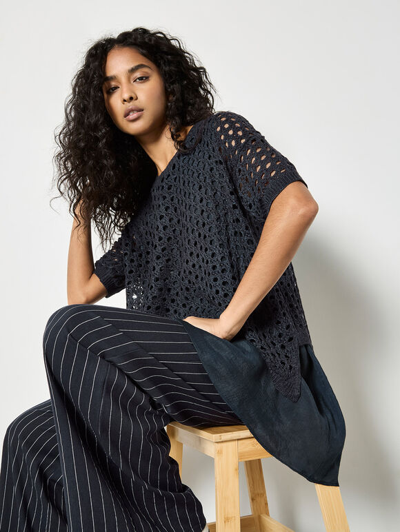 Shimmer Mesh Layered Tunic Top, Navy, large