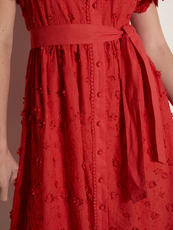 Cotton Floral Embroidered Midi Dress, Red, large